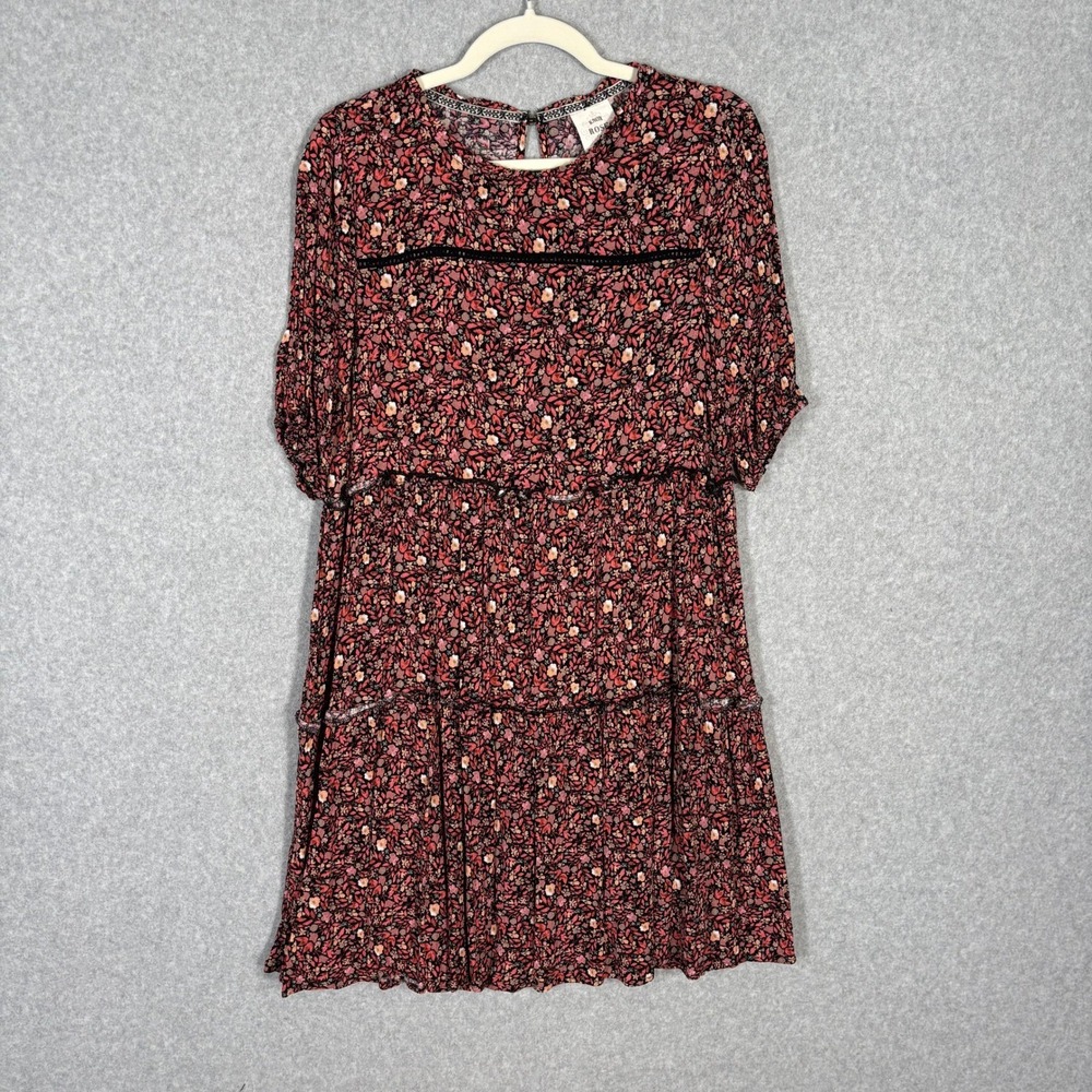 Knox Rose Babydoll Crochet Tiered Dress Small Dark Floral Ruffle Crinkle Cottage